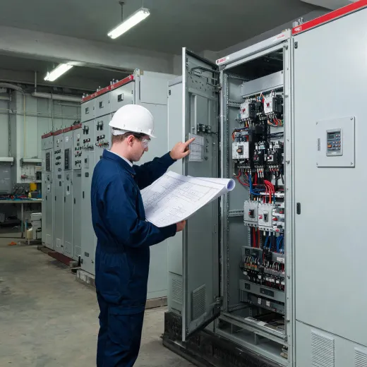 Technician checking cabinet labels