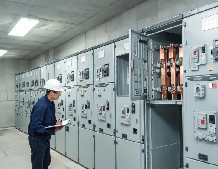 Technician reviewing a low-voltage switchgear lineup